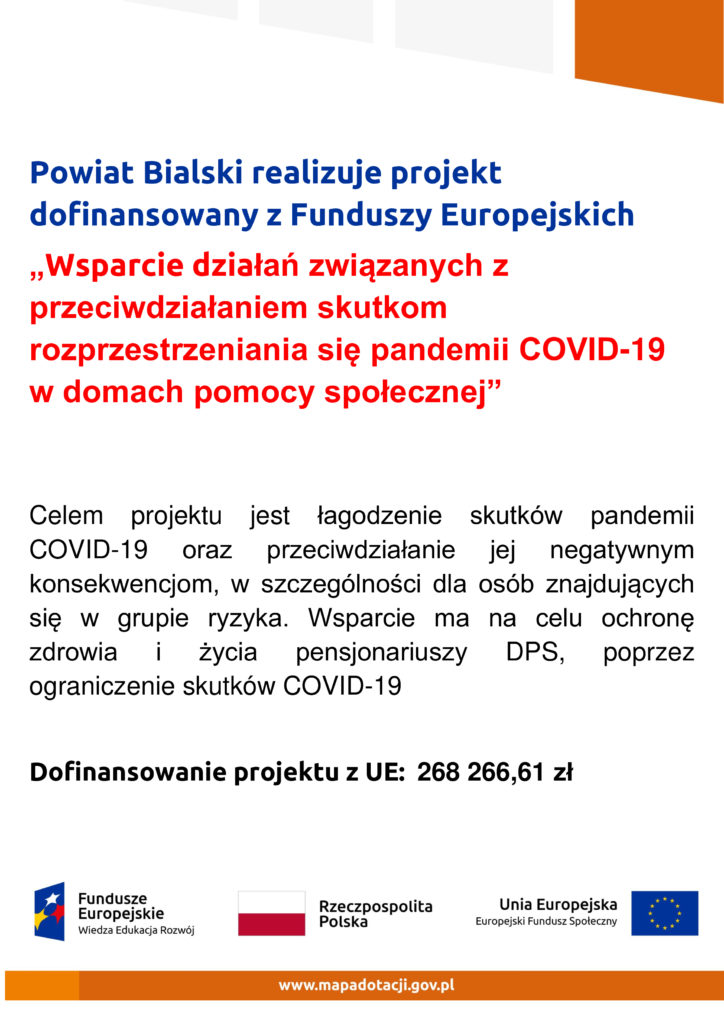 Plakat projektu Wsparcie działań związanych z przeciwdziałaniem skutkom rozprzestrzeniania się pandemii COVID -19 w domach pomocy społecznej