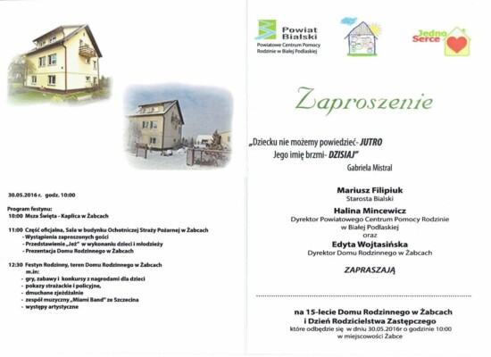 Zaproszenie na 15 lecie Domu Rodzinnego w Żabcach połączone z Dniem Rodzicielstwa Zastępczego